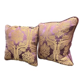Pair of Very Large Custom Purple Silk Damask Brocade Down Filled Pillows