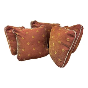 Set of 5 Down Filled Pillows Covered in Deep Red and Saffron Yellow Fabric and Pink, Green and Burgu
