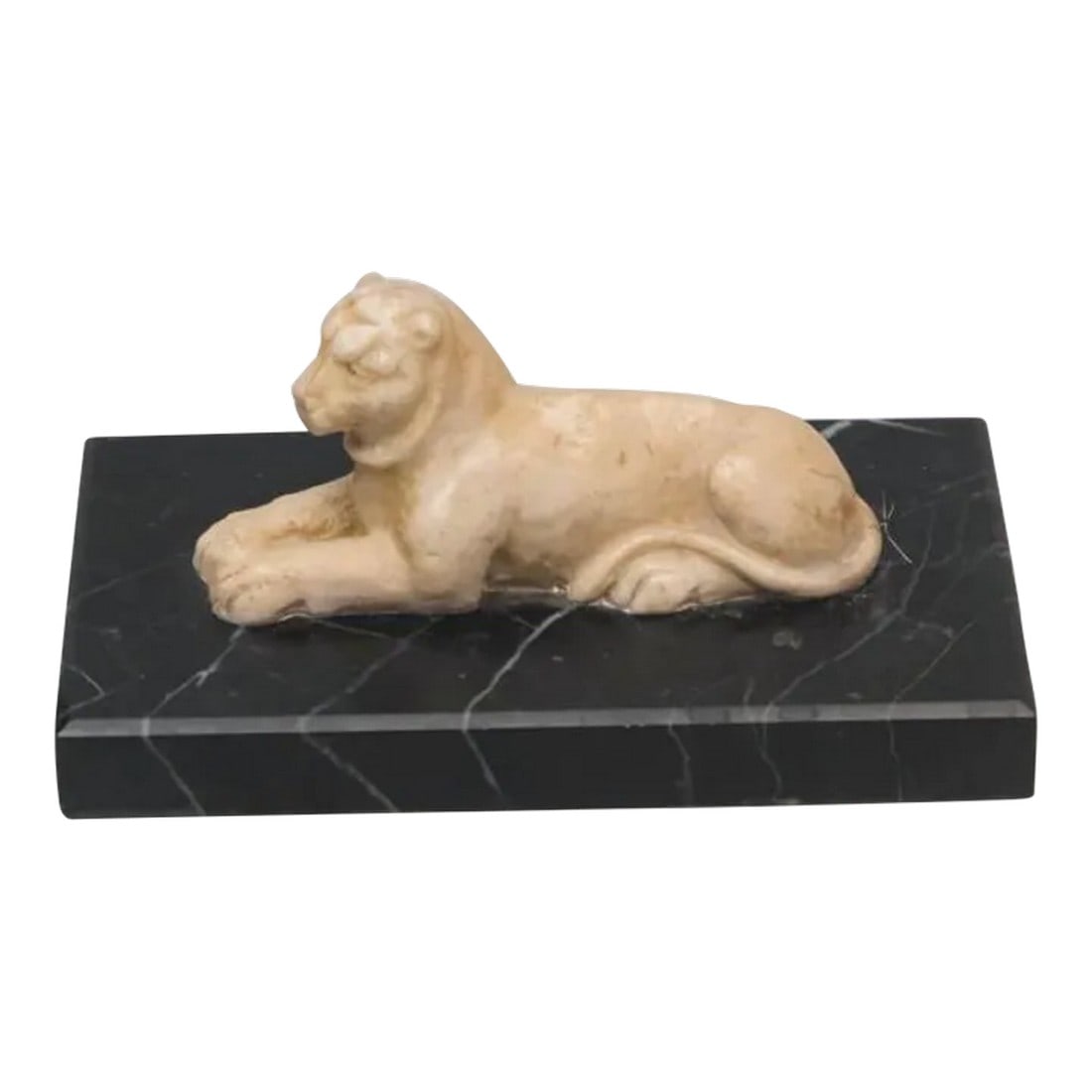 Antique Carved Recumbent Hard Stone Tiger on Marble Base: Recumbent carved hard stone tiger on a marble base. Perfect paperweight, bookend or beautiful objet Condition: Alterations: Original Condition Unaltered Imperfections: Some Imperfections Condition Not