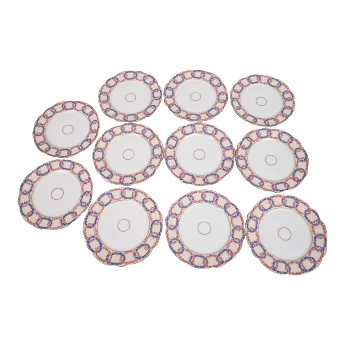 19th Century Haviland Limoges French Dinner Plates Wedding Band. Pink and Blue Interlocking Floral W: A very pretty set. Fully of whimsy and comprising. 11 dinner plates from haviland Limoges of France. Retailed in Albany Ny. Condition: Alterations: Original Condition Unaltered Imperfections: Some Imp