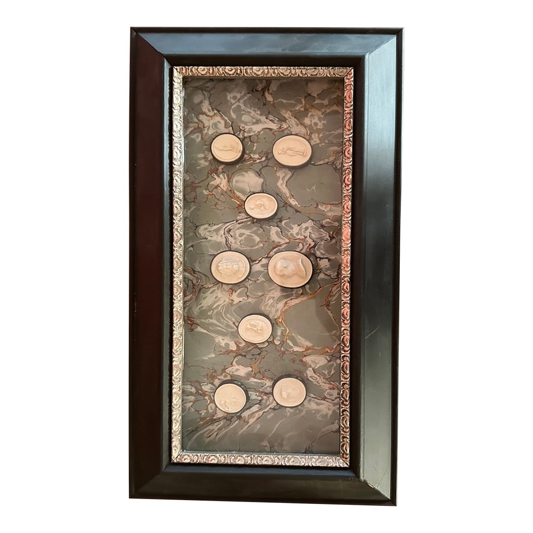 1960s 8 Framed Behind Glass Shadow Box With Venetian Marblized Neoclassical Grand Tour Intaglios: A very smartly framed set of intaglios 8 individual plaques banded in black with neoclassical figures the frame is black metal matted with a silver band. The paper is green marble paper of Venetian or
