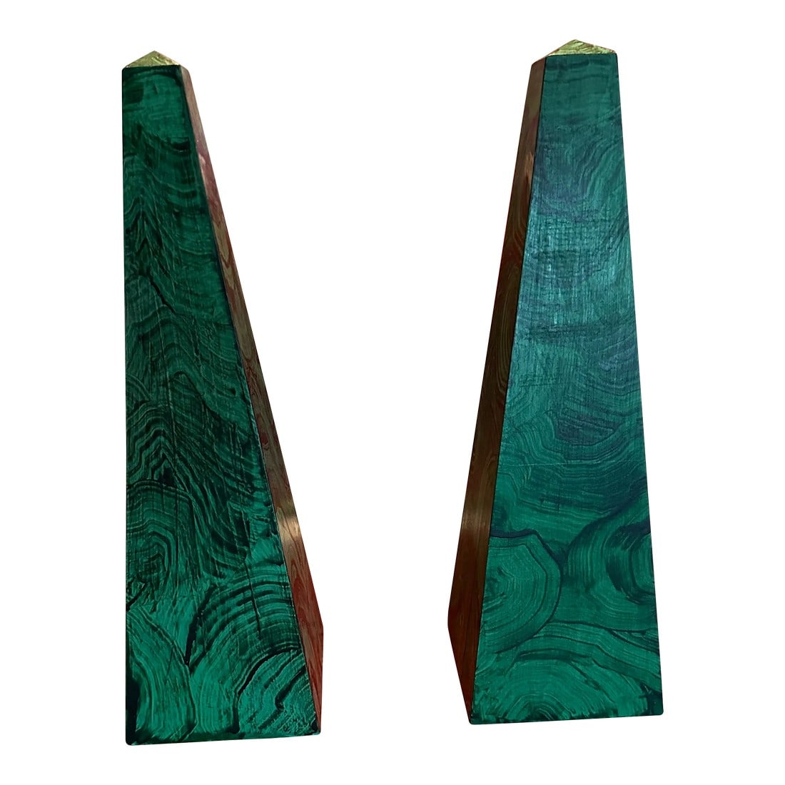 A Pair of Irwin and Lane Hand Painted and Hand Made Faux Malachite Obelisks: A very chic accent for your table, sideboard or mantle Handmade and hand painted in upstate New York and made of solid wood Condition: Alterations: Original Condition Unaltered Imperfections: Some Imp