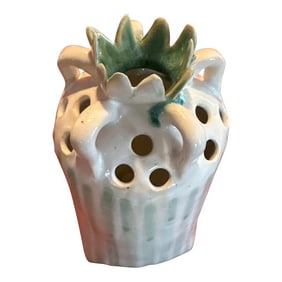 1990s Handmade Ceramic Vase With Celadon Stripes