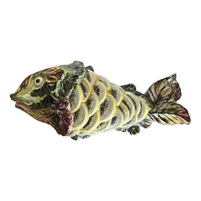 1930s Italian Majolica Fish Tureen by Meiselman in Green Purple and Yellow With Sliced Lemons