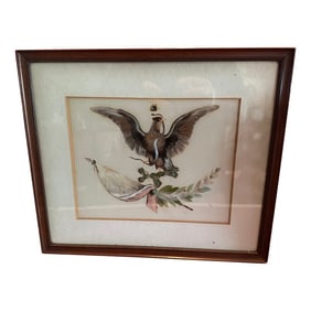 1930s Framed Crest of Mexico an Eagle With a Snake in Its Mouth Crafted Entirely From Feathers