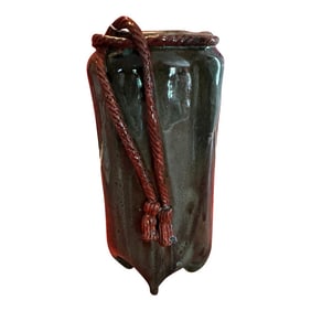 Handmade Artisan Celadon Vase With a Burnt Orange Braid