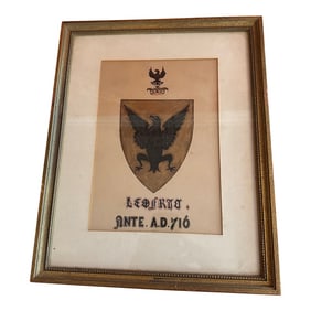 Framed Aristocratic Family Crest Leofric Mercia With Black Eagle and Gold Shield