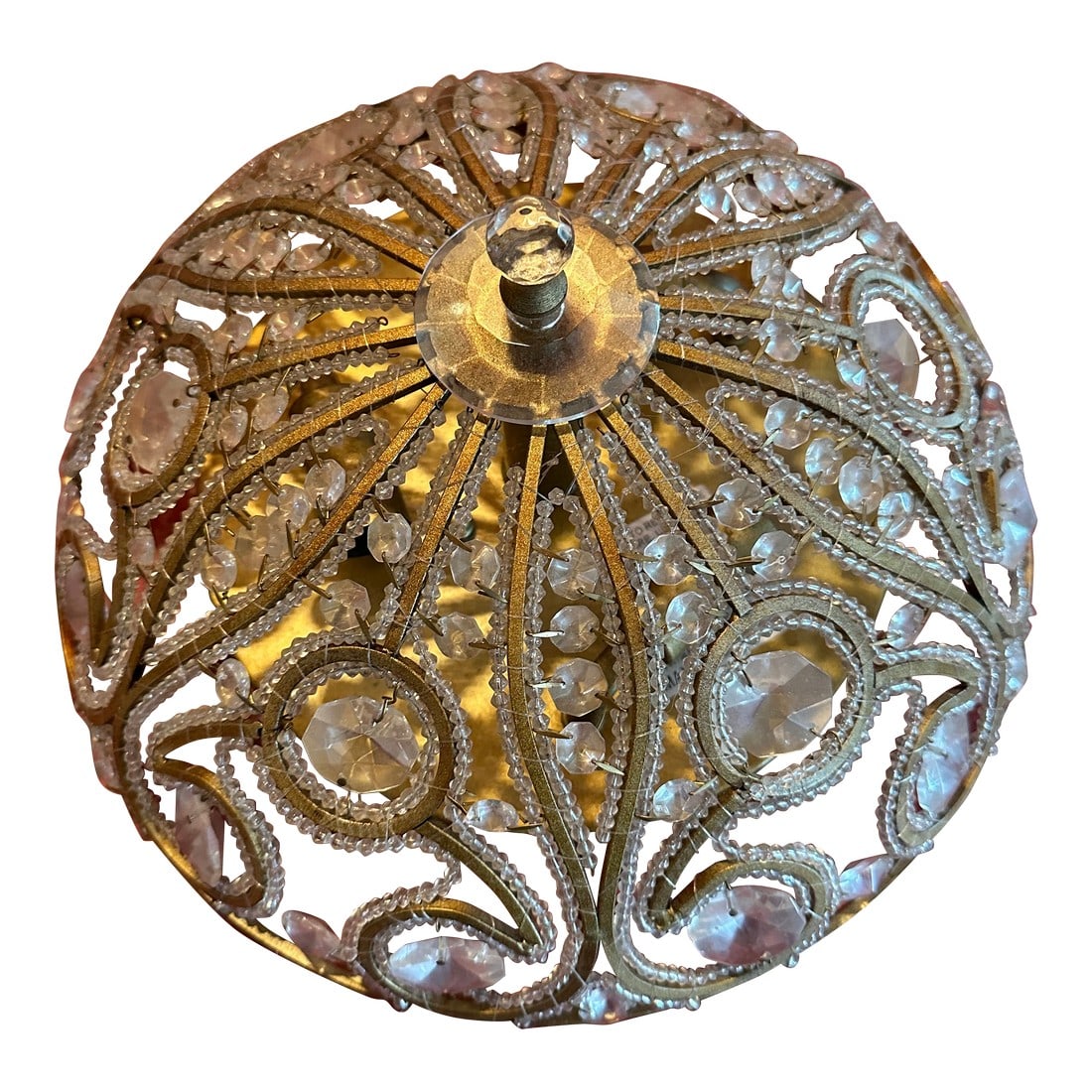 1980s Gold and Crystal Dome Shaped Flush Mount: Wet nice light fixture for your entry hall or another room with a low ceiling Well made and decorative. Condition: Alterations: Original Condition Unaltered Imperfections: Some Imperfections Condition
