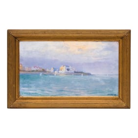 1950s Romanian Artist Dmitrie Florian Sea View of the Entrance to the Harbor of Venice Oil Painting