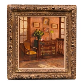 Early 20th Century Oil Painting on Board of a Sunlit Period European Interior R. Renee