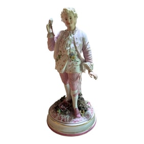 Late 19th Century Meissen Style Porcelain Figurine of an 18th Century Dandy in Pink With Flowers