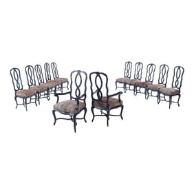 1950 Black Ebonzied With Faux Leopard Upholstery French Venetian Style Dining Chairs Possibly by Jan