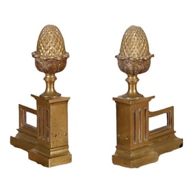 Pair of 1940s French Gilt Bronze Chenets or Andirons in the Form of Either Pineapples, Pine Cones or