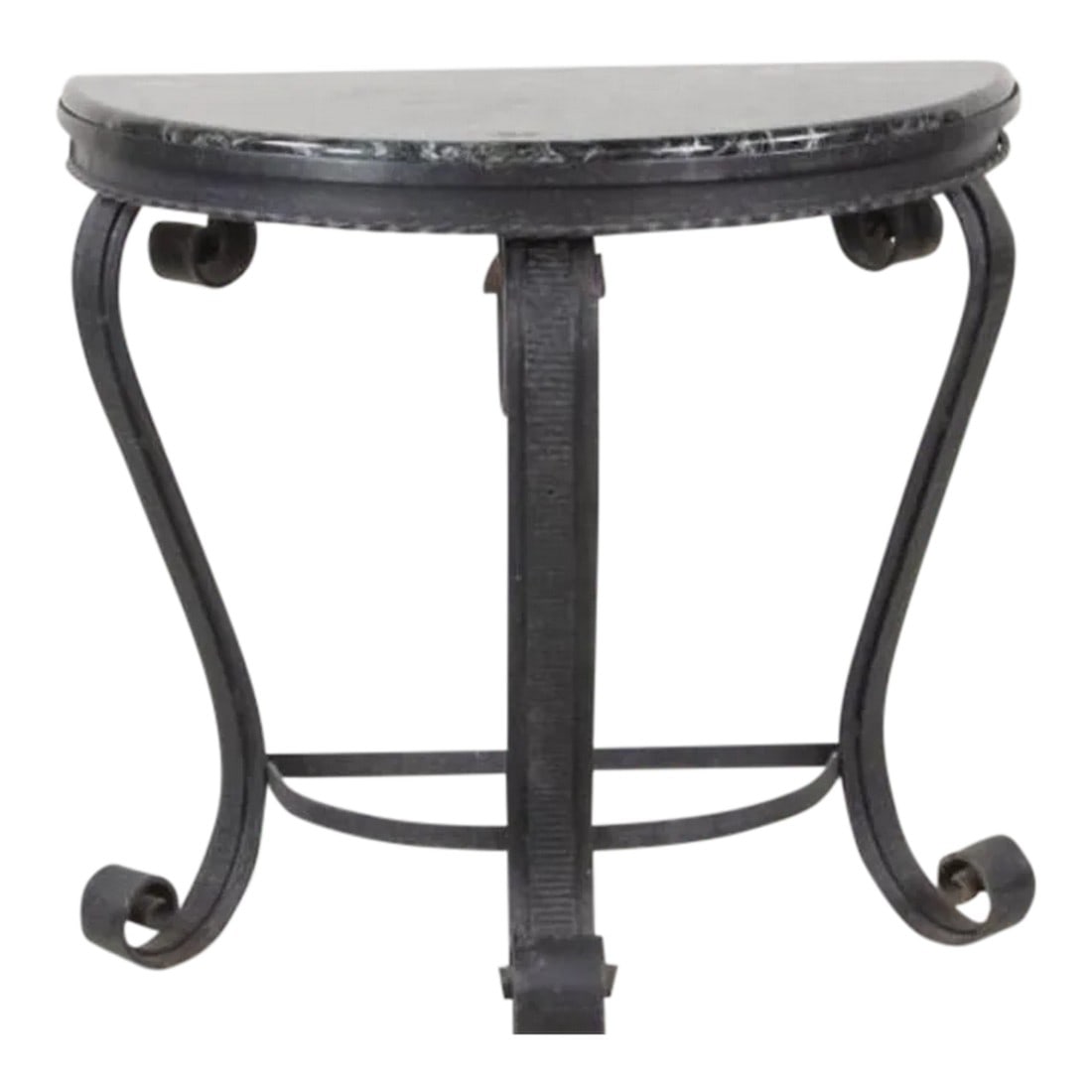 French Marble and Wrought Iron Twisted Rococo Style Console Table With a Swirled Black Marble Top: Rococo Style Demi-Lune Wrought Iron & Marble Console Table. This piece is almost 3' wide with a half circle of green and black marble on top of the scrolled iron tripod base. Dimensions are 32.5 in h