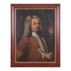 European School. Probably English. Oil Painting Portrait of a Gentlemen With Powdered Wig and Family