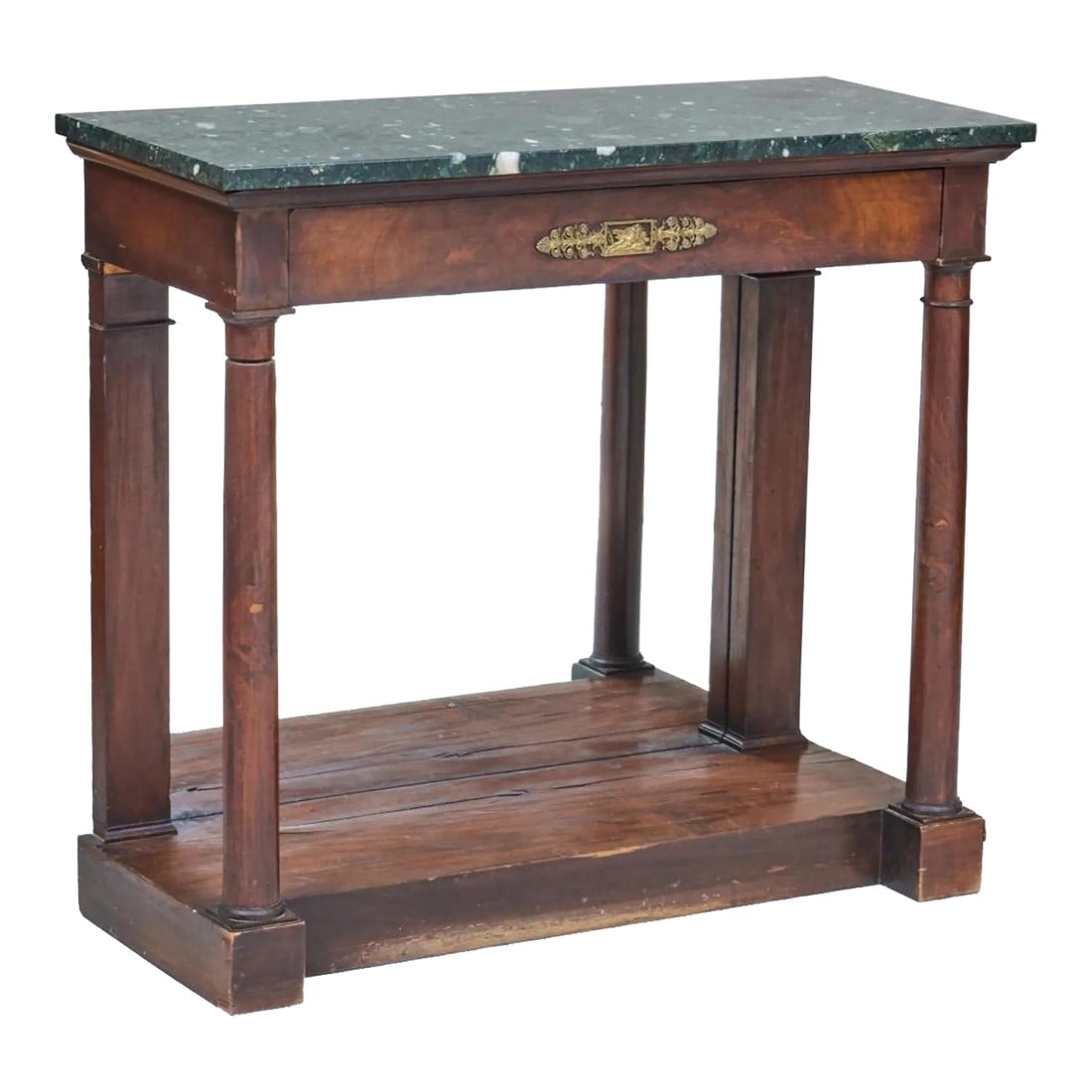 Empire Ormolu Mounted French Empire Mirrors Console Table in Mahogany With Marble Top: Fitted with a verde antico marble top and a frieze drawer that's perfect for storing silver in the dining room Elegant addition. Also the drawer feature would be great in an entry or hall 35 Ã