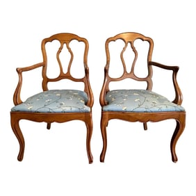 Late 20th Century French Provincial Style Carved Maple Dining Chairs in Blue Floral - Set of 2