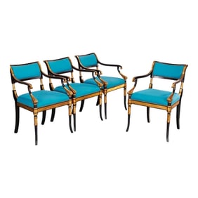 1980s Regency Style Gilt and Ebonized Armchairs With Turquoise Blue Upholstery - Set of 4