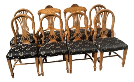 Early 20th Century Biedermeier Style Dining Chairs With Black Upholstery Embroidered in Gold Thread-