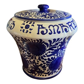 1960s,Vintage Large Ceramic Cherry Jar / Blue & White Vase