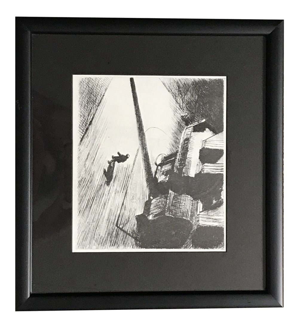 Man Walking Down Empty Street Etching: Nicely framed and matted black and white etching of a man walking down an empty street. Framed with Truguard glass and in excellent condition. Great addition to any gallery wall Condition: Alterations