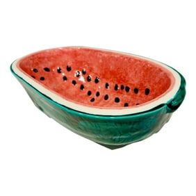 Vintage Watermelon Glazed Pottery Serving Bowl - Green Red Oval Bowl