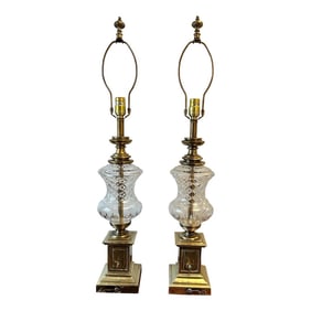 Pair of Large Mid-Century Stiffel Brass and Cut Crystal Column Table Lamps