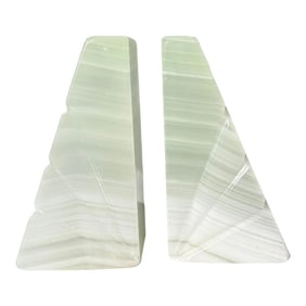 Mid-Century Onyx Marble Bookends Light Green & White With Etched Sunburst Detail- a Pair