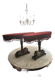 Pair of 1930s Black and Gold Spanish Renaissance Revival End Side Tables With Lions and Red Velvet C