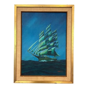 Vintage Nautical Original Oil Painting on Canvas Board, Signed Beal, 1974, Gold Frame