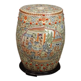 Chinese Famille Rose Porcelain or Ceramic Garden Seat With Wooden Base