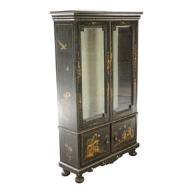 19c Two Door Glass Doored China Cabinet Black Lacquer Japanned Chinoiserie