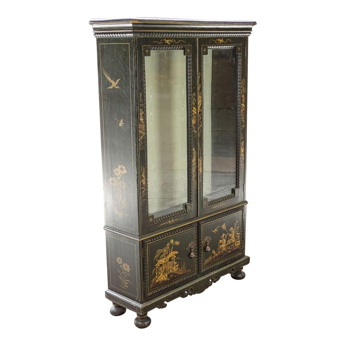 19c Two Door Glass Doored China Cabinet Black Lacquer Japanned Chinoiserie: A very nice black lacquer japanned cabinet lined with satin with later glass shelves. Great place tos for your treasure and a quantity of blue and white Chinese vases would looked particularly swell o