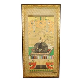 Framed 19th Century Edo Period Japanese Scroll Fragment Portrait of Tokugawa Ieyasu the First Shogun