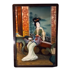 Early 20th Century Reverse Glass Japanese Lady Scholar Painting Antique, Framed