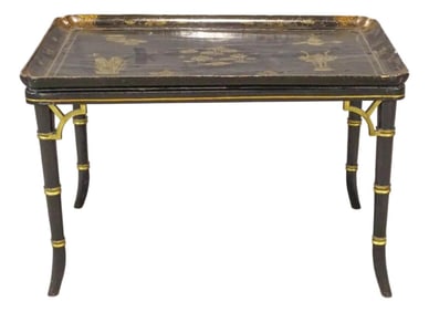 Chinoiserie Japanned Black and Gold Lacquer Tray Top Table With Faux Bamboo Fretwork 19thc