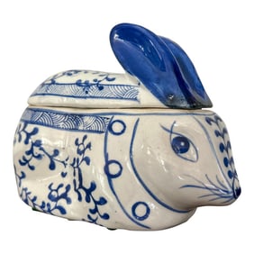 Vintage Blue and White Ceramic Bunny Rabbit Trinket Box, Hand-Painted Jewelry Box in Delftware St