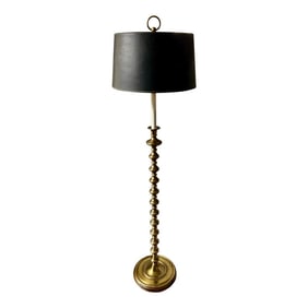 Vintage Mid-Century Modern Hollywood Regency Gold Stacked Orb Floor Lamp With Black Hardback Drum Sh