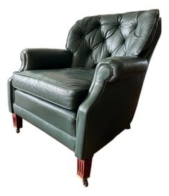 Vintage Green Leather Tufted Club Chair, Classic Leather Hickory NC, Rolled Arms & Brass Caster L