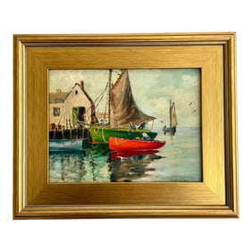 Original 20th Century New England Harbor Scene Oil Painting on Board by w.h. Godfrey
