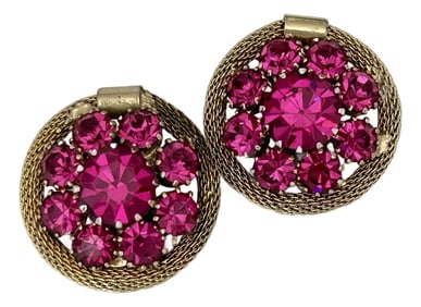 Vintage Weiss Magenta Pink Rhinestone Earrings Gold Tone Rhinestone Cluster Clip-Ons, A Pair