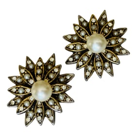 Har Signed Vintage Rhinestone & Faux Pearl Starburst Clip-on Earrings - A Pair