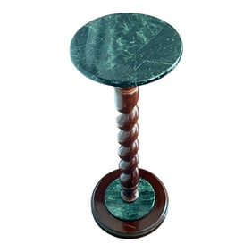 Vintage Marble Top Pedestal or Plant Stand Barley Twist Mahogany Base, Jacobean Style