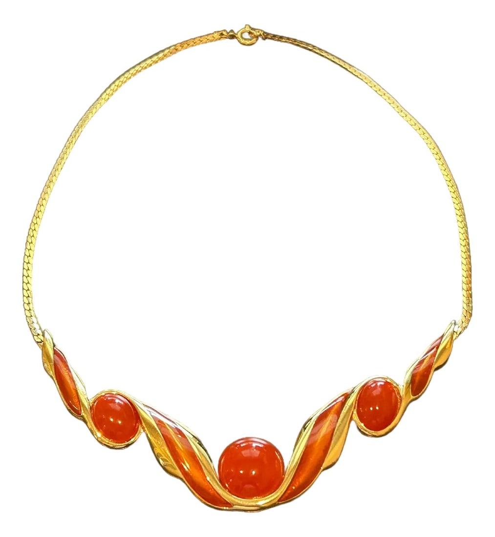 1970s Trifari Signed Necklace, Burnt Orange Lucite Cabochon, Gold Tone: Vintage Trifari Signed Necklace - 1970s Statement Jewelry, Burnt Orange Lucite Cabochon, Gold Tone, Art Deco Inspired, 17 Inches Add a rare treasure to your collection with this authentic vintage Trif