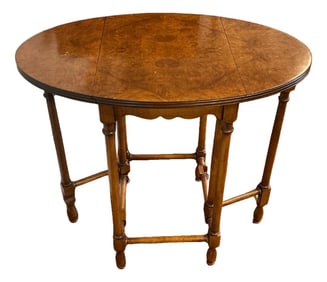 Vintage Baker Furniture Attributed Gate Leg Drop Leaf Side Table, Burled Walnut