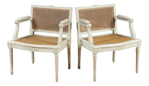 Early 20th Century Louis XVI Style French Fauteils Chairs With Cane and Paint