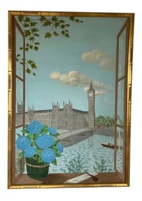 1950s Trompe l'Oeil Window Scene of London Acrylic Painting by Denys Fitz-Patrick, Framed