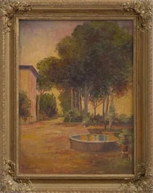 Early 20th Century European School Oil Painting of a Villa and Courtyard, Framed