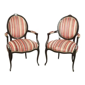 Black Lacquer English or French Style Arm Chairs With Stripped Fabric - a Pair