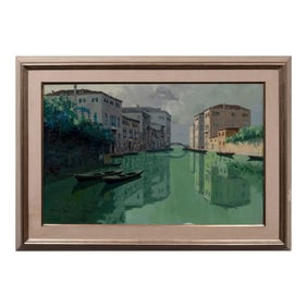 Mid 20th Century Venetian Oil Painting of a Canal View by Giuseppe Marino, Framed